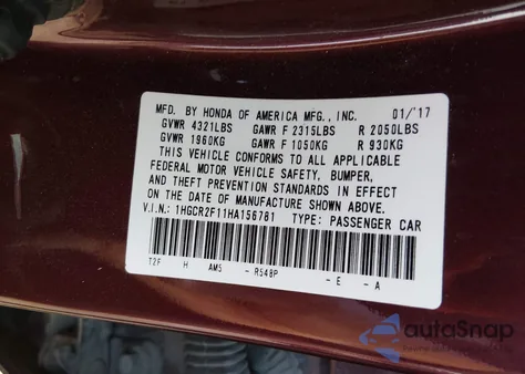 2017 Honda Accord Sport Se z USA, uszkodzony, nr VIN 1HGCR2F11HA156781